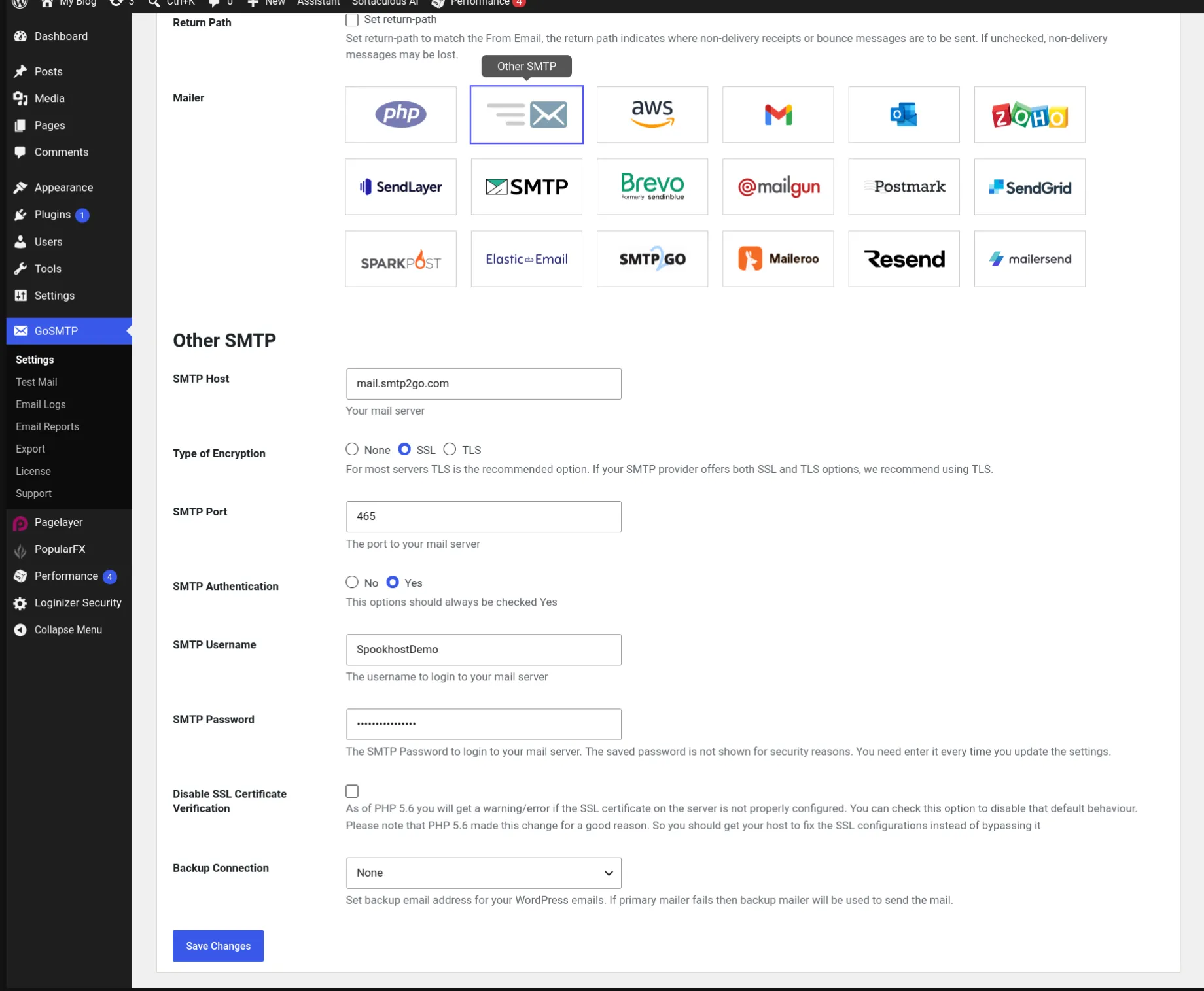 Configure SMTP2GO using SMTP